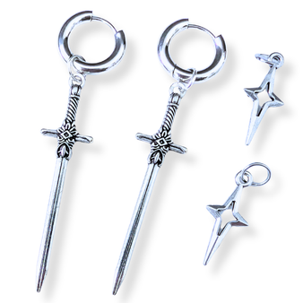 pair of mix and match sword dagger and goth star earrings