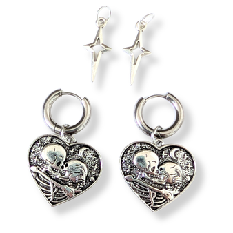 Skeleton Lovers Heart Hoop Earrings with Star Charms, Mix and Match 316L Surgical Steel