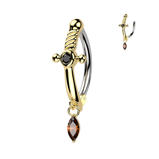 Gold Sword with Black Gem Steel Belly Button Ring Dangle Bar Naval Navel 14g 1/2" Low Profile Hinged Clicker