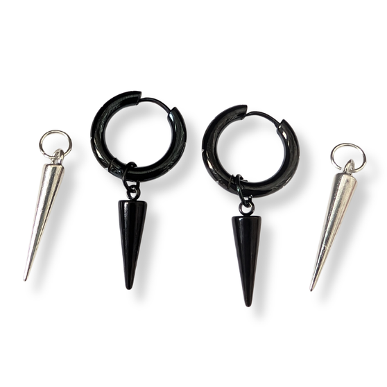 Black Hoop Earrings with Mix and Match Silver and Black Spike Charms