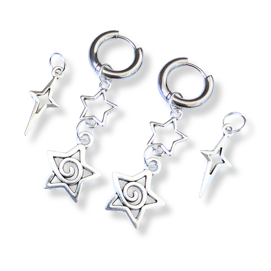 Spiral Star & Shooting Star Earrings – Mix & Match Silver Hoops, Y2K Alt Jewelry