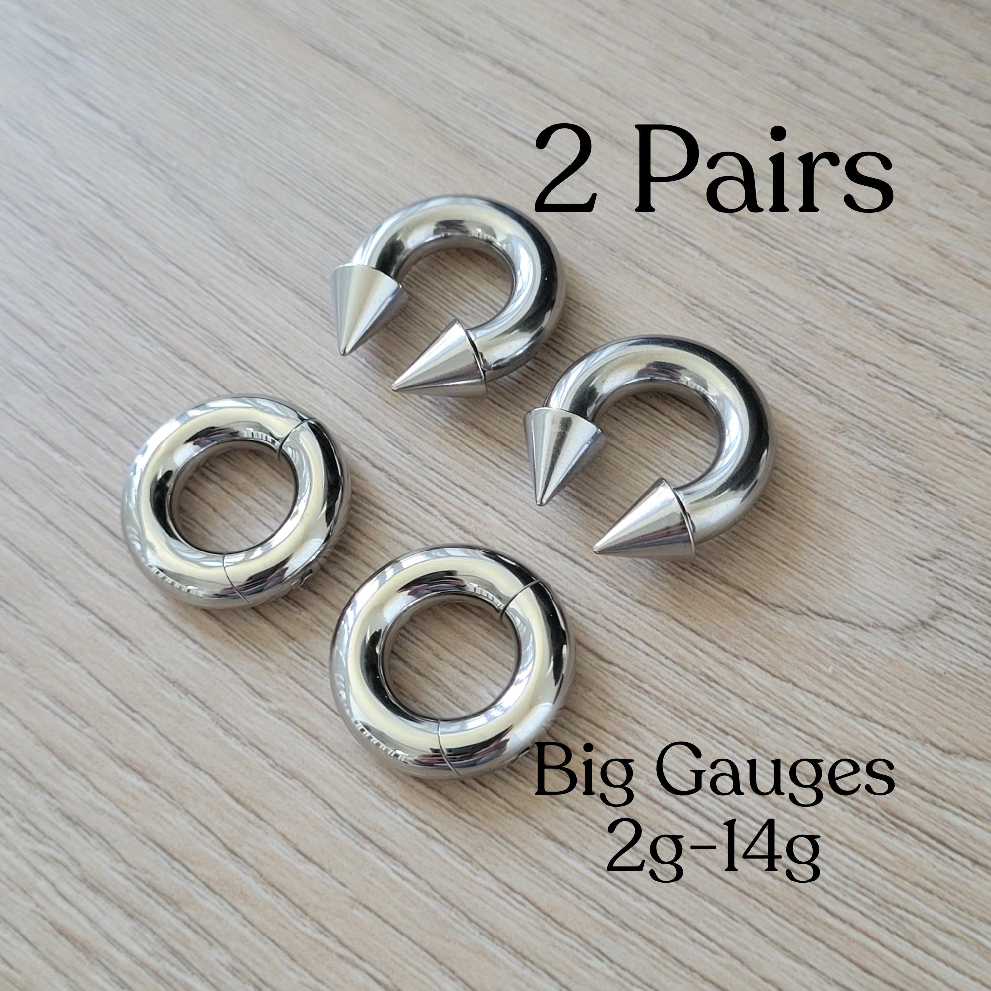 2 PAIR Silver Gauges Spike Horseshoe Clicker Ring Plugs 2g 4g 6g