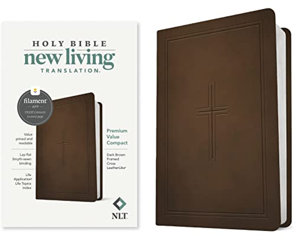 NLT Premium Value Compact Bible, Filament Enabled (Leatherlike, Dark Brown Framed Cross) By Tyndale - Imitation Leather