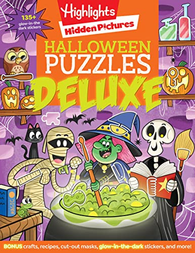 Halloween Puzzles Deluxe: Halloween Activity Book for Kids, 135 Glow-In-The-Dark Stickers, 96-Pages of Mazes, Puzzles with Halloween Crafts & Recipes By Highlights - Paperback