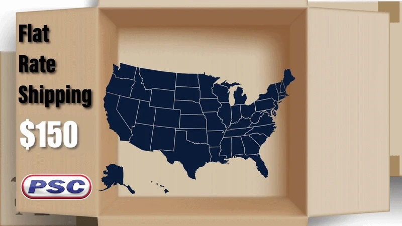 A graphic displaying a shipping box with the text 'Flat rate shipping' and the eligible states in the back.
