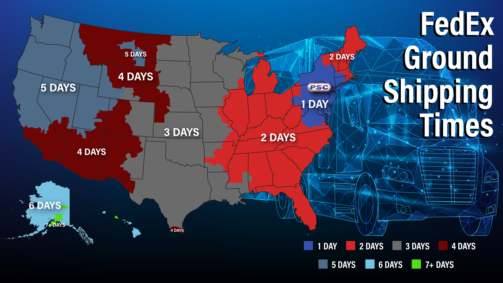 Map of the US showing ground shipping times.