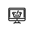 Icon with a black outline with white background depicting a computer monitor with a shopping cart on screen