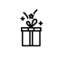 Icon with a black outline with white background depicting a gift box with a bow and glitter