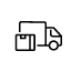 Icon with a black outline with white background depicting a shipping box and box truck