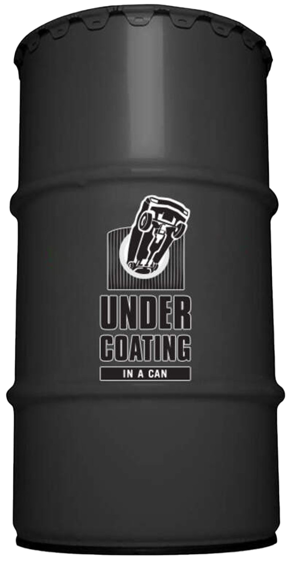 Black 16 gallon keg with Undercoating In A Can logo