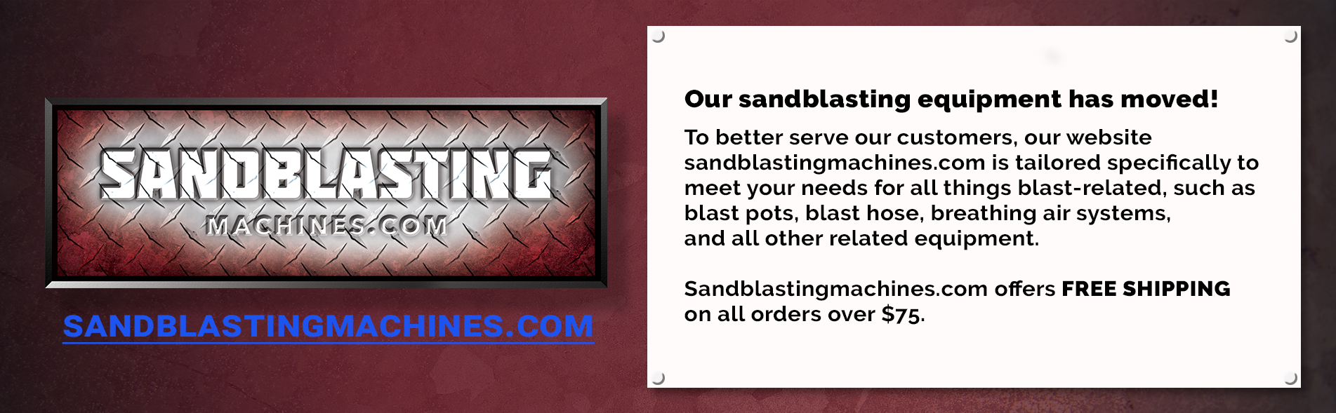 Our sandblasting equipment has moved to SandblastingMachines.com 