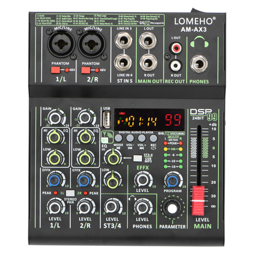 LOMEHO Audio Mixer 4 Channel Mini Portable Sound Mixing DJ Console Bluetooth USB Play Record Individual 48V Phantom Power AM-AX3