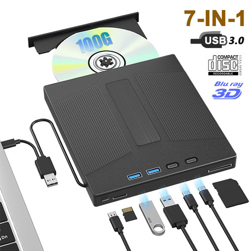 External Blu Ray Drive USB 3.0 BD/DVD/CD-ROM Player Burner for Laptop PC Support 100G Disc Optical Drives with SD/TF Card Slots