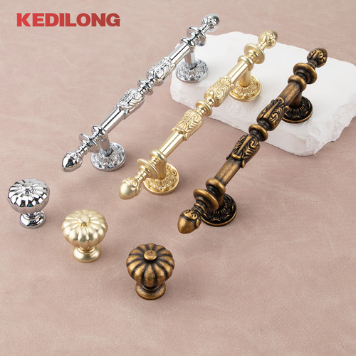 KEDLO European retro light luxury drawer gold long pull style kitchen cabinet silver Pull Knob drawer antique handle