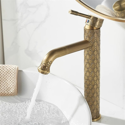Antique Carved Bathroom Faucet Brass Basin Faucets Hot & Cold Bathroom Sink Faucet Deck Mounted Lavotory Faucet Mixer Water Tap
