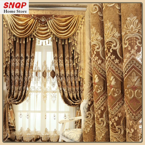 European-style Luxury Curtains Living Room Bedroom Dining Room Balcony Custom Blackout Chenille Embroidered Brown Valance Decor