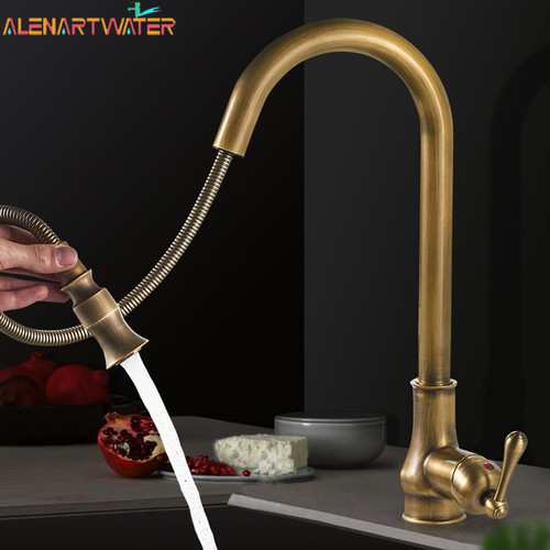 Antique Kitchen Faucet Pull Out Spray Kitchen Sink Single Handle Deck Mount Water Crane 360° Rotation Hot Cold Water Mixer Tap