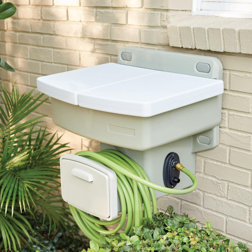 New upgrade White,Outdoor Wall Mounted Outdoor Garden Sink w/Hose Holder - No Plumbing Required Mountable Outdoor Faucet