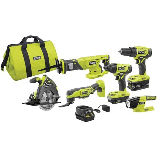 RYOBI P1819 18V One+ Lithium Ion Combo Kit (6 Tools: Drill/Driver, Impact Driver, Reciprocating Saw, Circular Saw, Multi-Tool, L