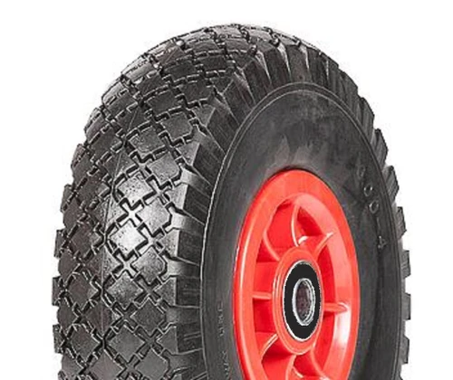 ASSEMBLY - 4"x55mm Red Plastic Rim, 300-4 Solid PU Diamond Tyre, 17mm HS Bearings - Pre-assembled