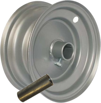 6"x65mm Steel Barrow Rim, 1" Plain Bore, 75mm Hub Length, Locking Stud, 1">¾" Steel Reducing Bush