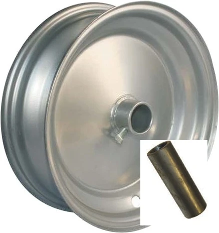 8"x65mm Steel Barrow Rim, 1" Plain Bore, 75mm Hub Length, Locking Stud, 1">¾" Steel Reducing Bush