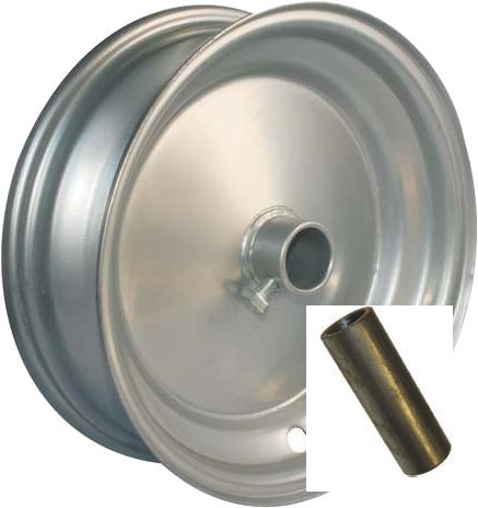 8"x65mm Steel Barrow Rim, 1" Plain Bore, 75mm Hub Length, Locking Stud, 1">¾" Steel Reducing Bush
