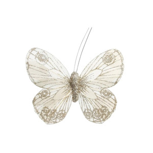 Cream/Gold Feather & Glitter Butterfly with clip 9cm x 12cm/Pk 12