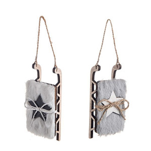 Woodern Sleigh With Fur Hanging Decor 2 Asst Crf