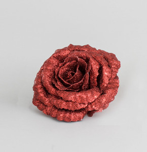 18cm Glitter Rose w/Clip Red