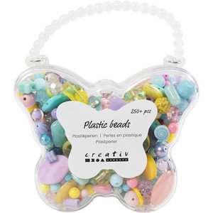 Plastic beads, dia. 5-35 mm, hole size 1-8 mm, assorted colours, 193 g, 300 ml