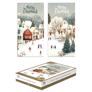 12 Luxury Cards XMAS Slim Box Trad Village 2 Assorted