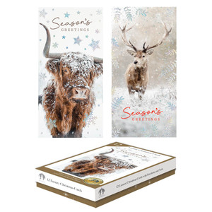 12 Luxury Cards XMAS Slim Box H/land Cow Stag 2 Assorted