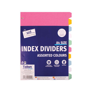 10 A4 Index Dividers  Assorted Colours  Paper