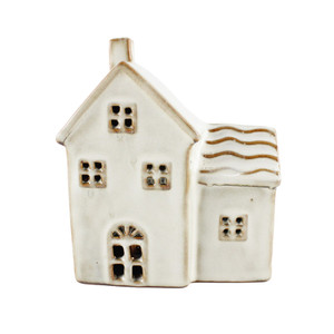 Stoneware House Ornament - White - LED Warm White - H13cm