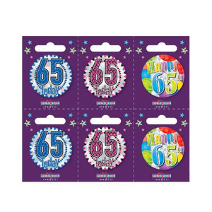 Age 65 Small Badges (6 assorted per perforated card) (5.5cm)  (6)