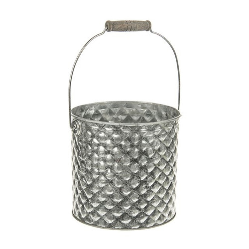 Dapple Bucket Zinc Cylinder Silver With Wooden Handles 15cm