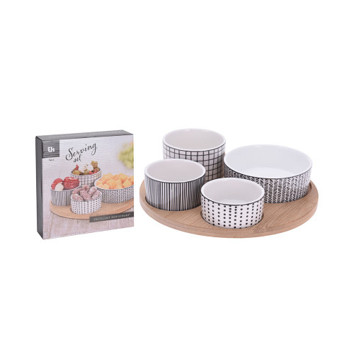 Geo Serving Bowls Set of 4 Sizes On Bamboo Tray