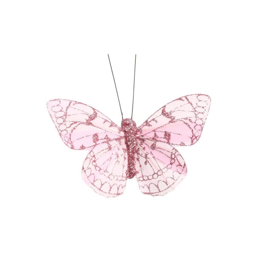 Pink Feather & Glitter Butterfly 6cm x 8cm w/clip /Pk 12