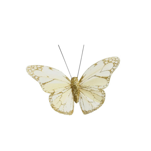 Cream/Gold Feather  & Glitter butterfly 5cm x 8cm w/clip/ Pk 12