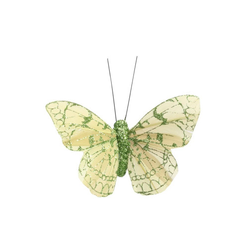 Green Feather & Glitter Butterfly 6cm x 8cm w/clip/Pk 12