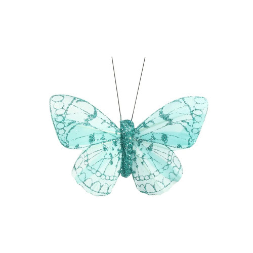 Turquoise Feather & Glitter Butterfly 6cm x 8cm w/clip/Pk 12