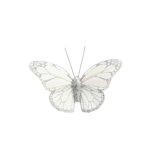 White/Silver Feather & Glitter Butterfly 5cmx 8cm w/clip /Pk 12