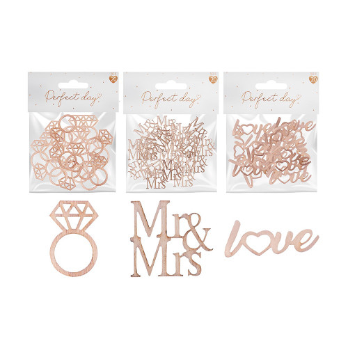 Wooden Table Confetti 3 Assorted Ring, Mr&Mrs and Love