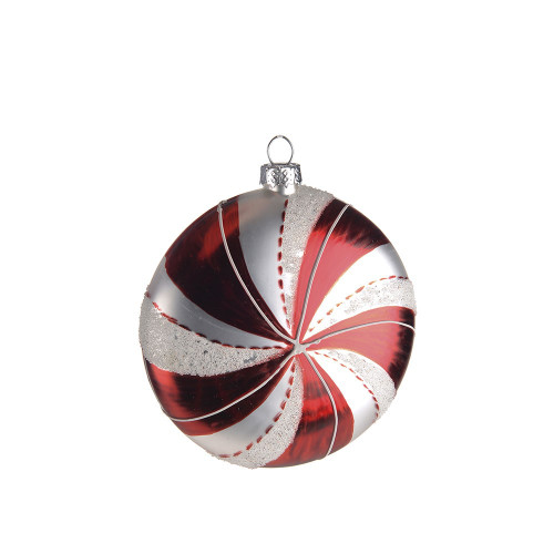 Red & White Glass Disk Ornament 8Cm