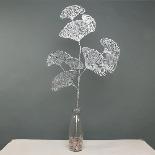 Glitter Ginkgo leaf Stem silver from Country Baskets