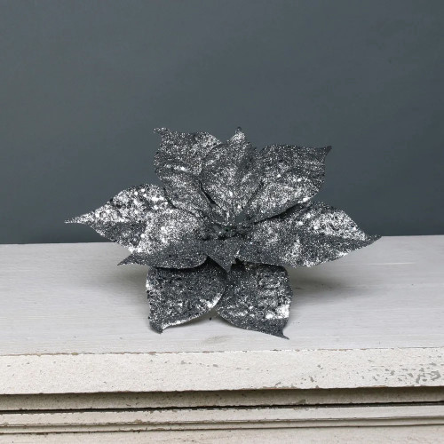 Glitter poinsettia PICK Pewter from Country Baskets