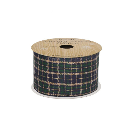 Navy Green Gold Checked Plaid Ribbon - 63mm x 10yds