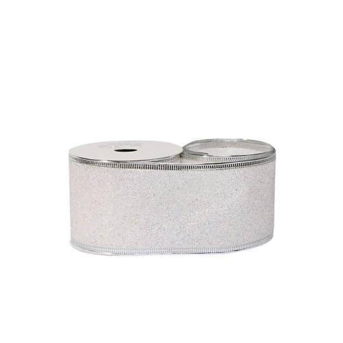 Glitter Ribbon White Wired Edge - 63mm x 10yds from Country Baskets