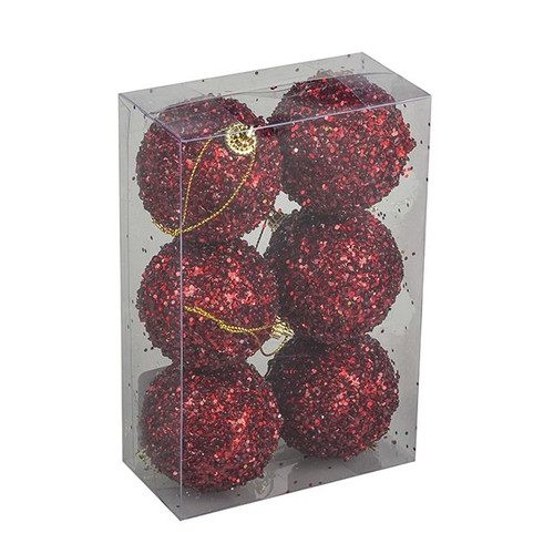 Bauble Glitzy Set of 6 Red 6 cm